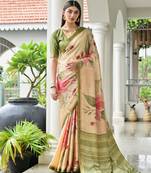 beige color stylish satin silk blend fabric ethnic partywear saree