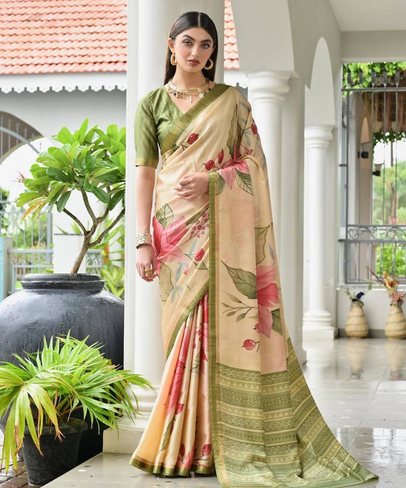 beige color stylish satin silk blend fabric ethnic partywear saree