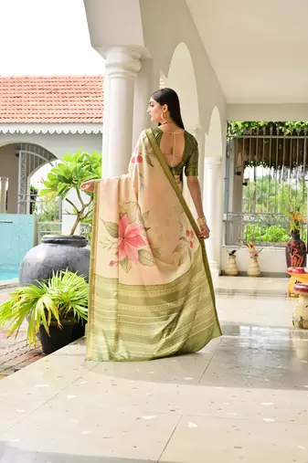 beige stylish satin silk blend ethnic partywear saree