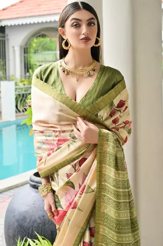 beige stylish satin silk blend ethnic partywear saree
