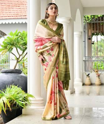 beige stylish satin silk blend ethnic partywear saree 4