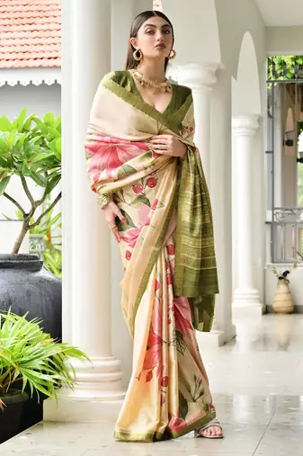beige stylish satin silk blend ethnic partywear saree