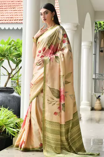beige stylish satin silk blend ethnic partywear saree