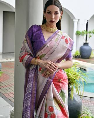 beige stylish satin silk blend ethnic partywear saree 3