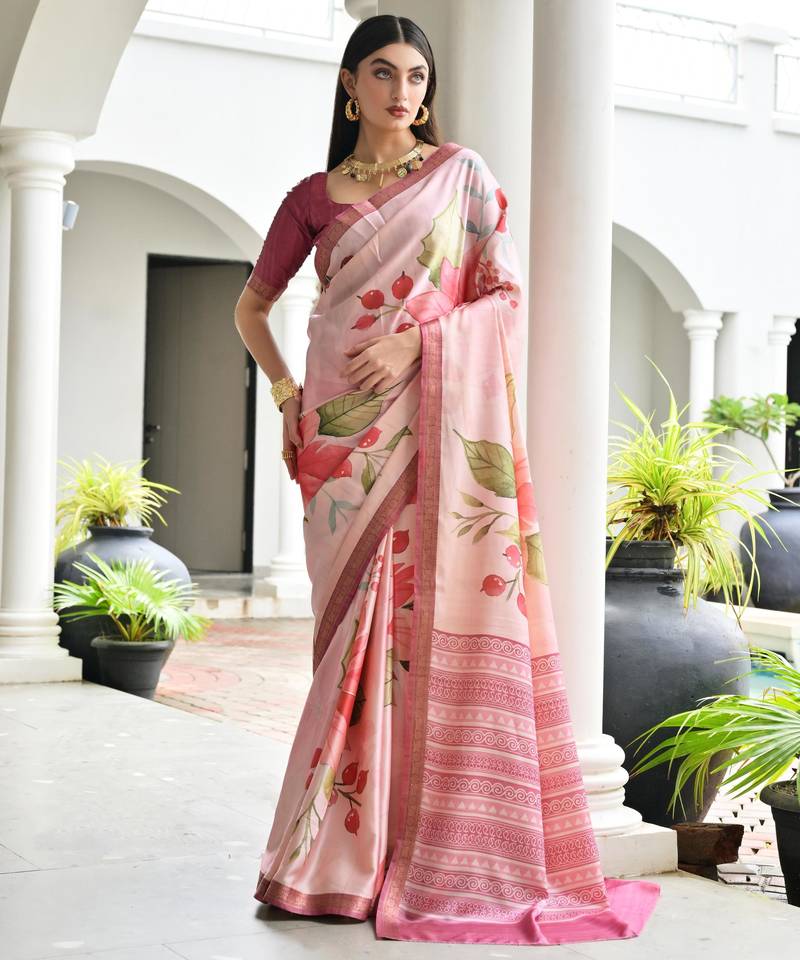 beige color stylish satin silk blend fabric ethnic partywear saree