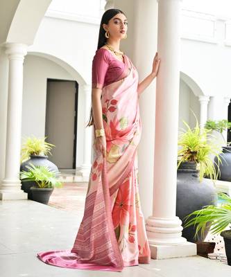 beige stylish satin silk blend ethnic partywear saree 4