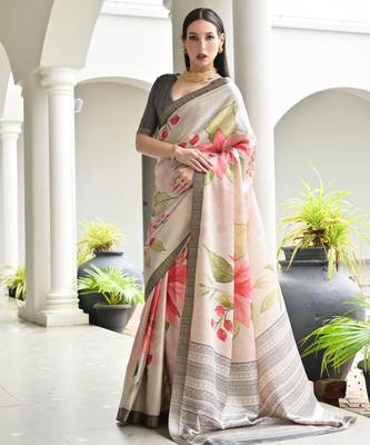 beige stylish satin silk blend ethnic partywear saree 1