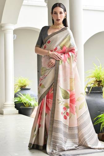 beige color stylish satin silk blend fabric ethnic partywear saree