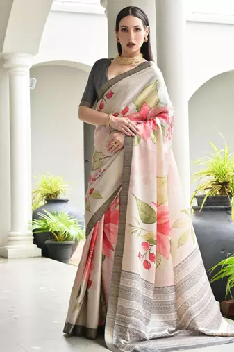 beige color stylish satin silk blend fabric ethnic partywear saree