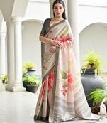 beige color stylish satin silk blend fabric ethnic partywear saree