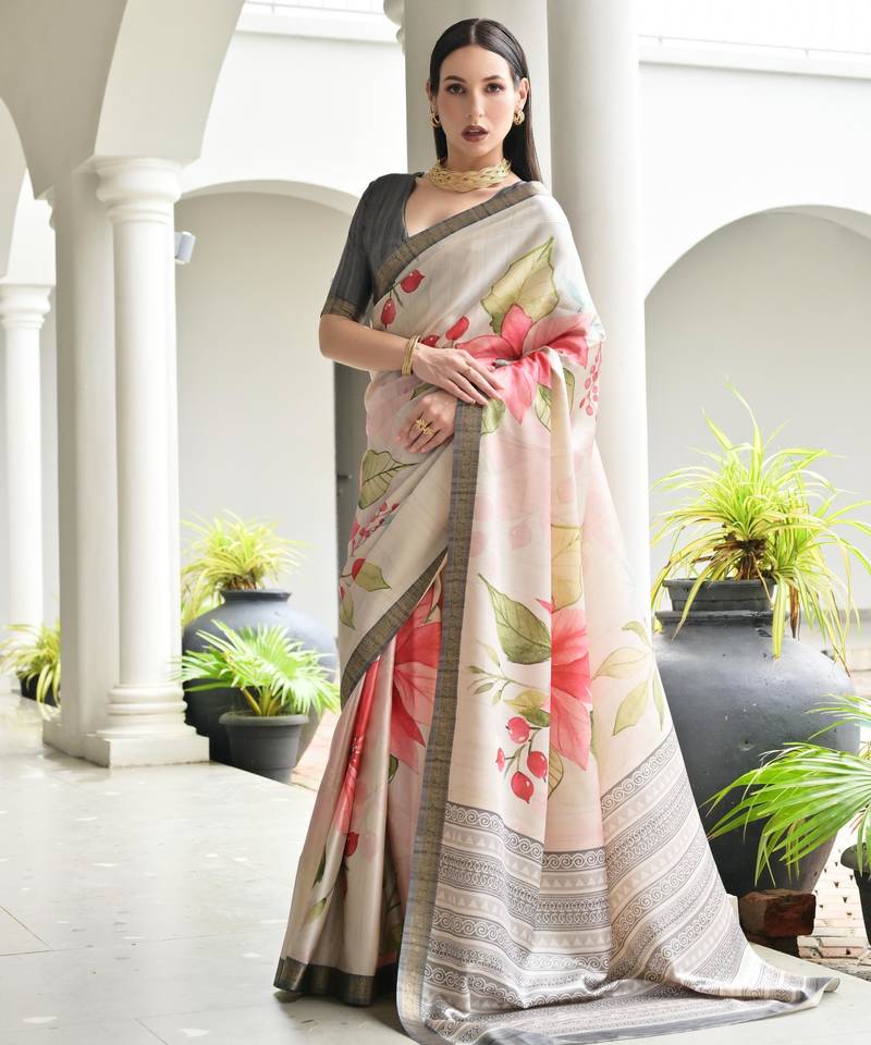 beige color stylish satin silk blend fabric ethnic partywear saree