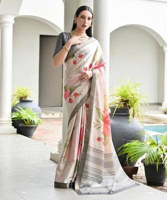 beige stylish satin silk blend ethnic partywear saree 2