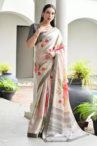 beige stylish satin silk blend ethnic partywear saree