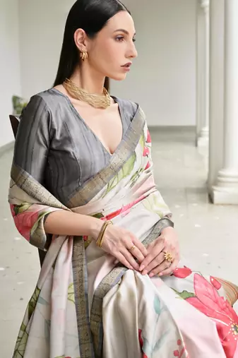 beige stylish satin silk blend ethnic partywear saree