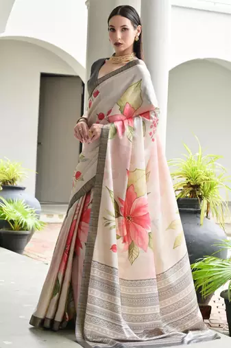 beige stylish satin silk blend ethnic partywear saree