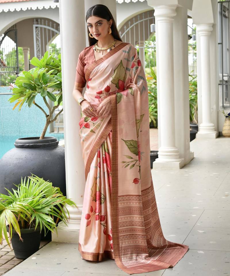 beige color stylish satin silk blend fabric ethnic partywear saree