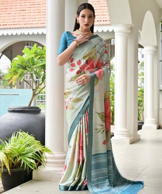 beige stylish satin silk blend ethnic partywear saree 1
