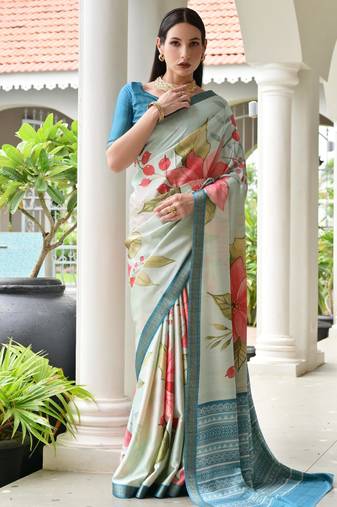beige color stylish satin silk blend fabric ethnic partywear saree