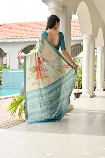 beige stylish satin silk blend ethnic partywear saree