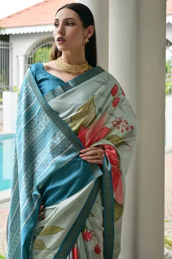 beige stylish satin silk blend ethnic partywear saree