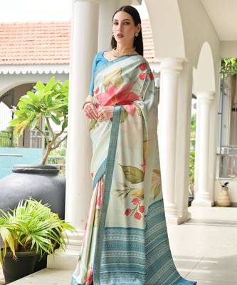 beige stylish satin silk blend ethnic partywear saree 4