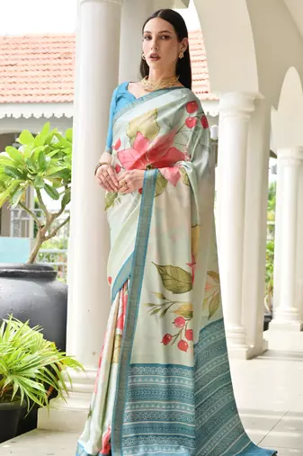 beige stylish satin silk blend ethnic partywear saree