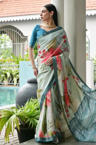 beige stylish satin silk blend ethnic partywear saree
