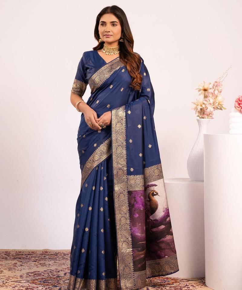 navy blue color banarasi art silk saree for festive ethnic saree
