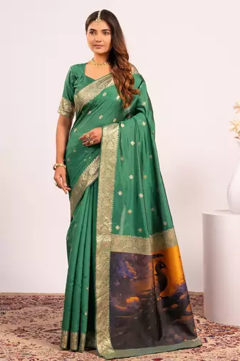 parrot green color banarasi art silk saree for festive ethnic saree