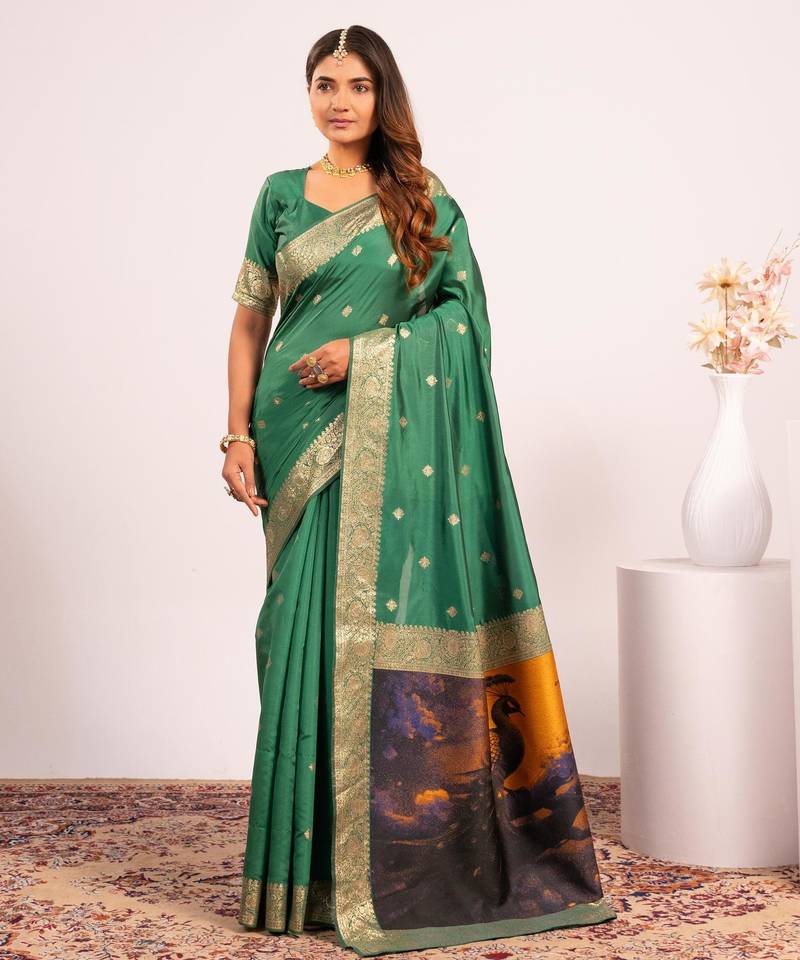 parrot green color banarasi art silk saree for festive ethnic saree
