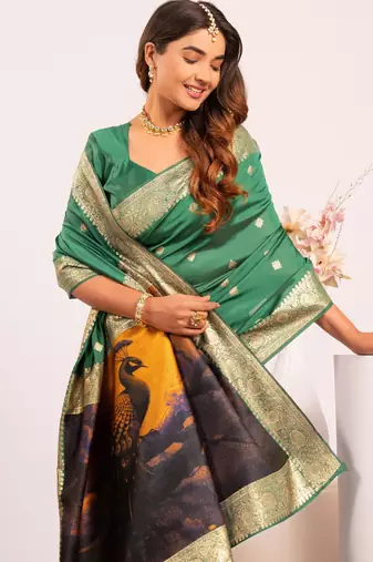 parrot green faux banarasi art silk blend saree festive ethnic saree