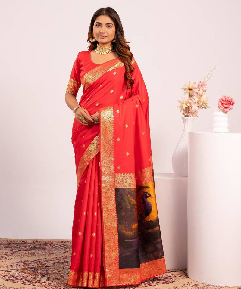 red color banarasi art silk saree for festive ethnic saree