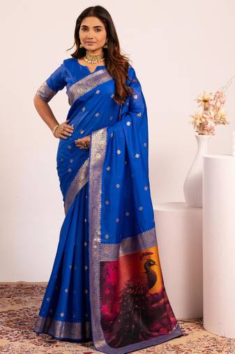 royal blue color banarasi art silk saree for festive ethnic saree