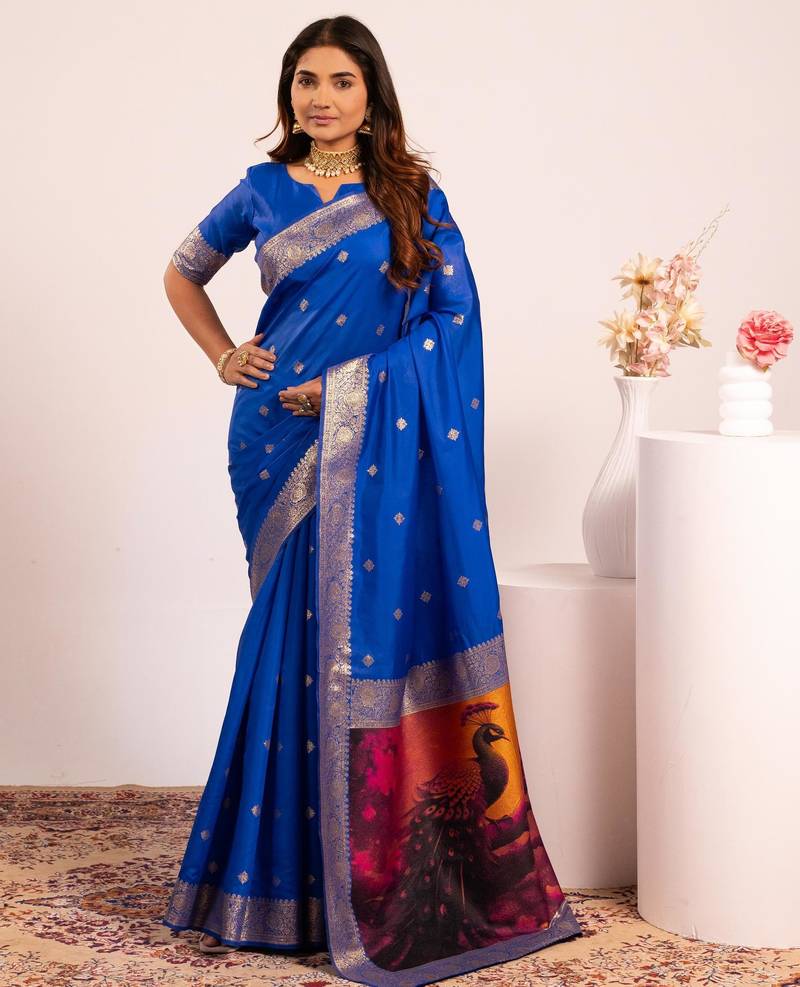 royal blue color banarasi art silk saree for festive ethnic saree