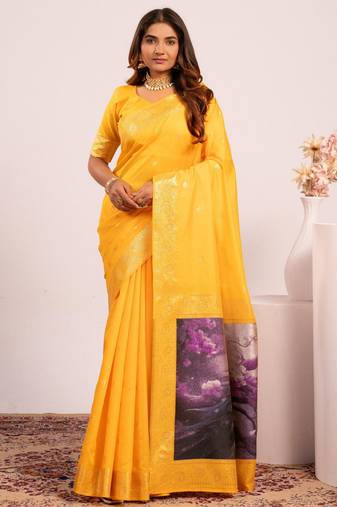 yellow color banarasi art silk saree for festive ethnic saree