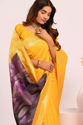 yellow faux banarasi art silk blend saree festive ethnic saree