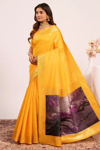 yellow faux banarasi art silk blend saree festive ethnic saree