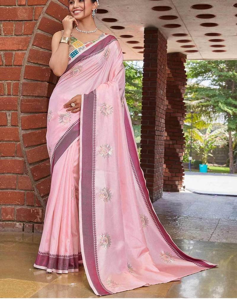 pink color weaving border & embroidered work rangoli art silk saree