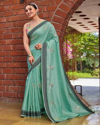 sky blue color weaving border & embroidered work rangoli art silk blend saree 1