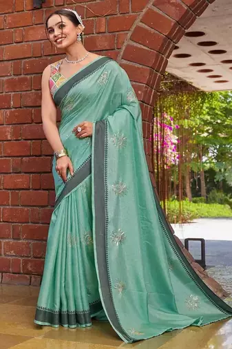 sky blue color weaving border & embroidered work rangoli art silk saree