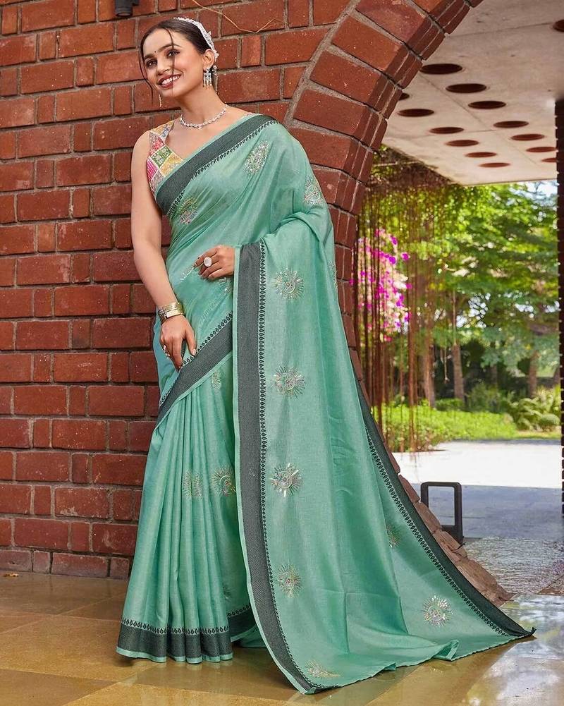 sky blue color weaving border & embroidered work rangoli art silk saree