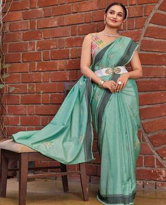 sky blue color weaving border & embroidered work rangoli art silk blend saree 2