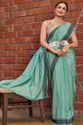 sky blue color weaving border & embroidered work rangoli art silk blend saree