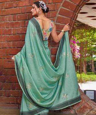sky blue color weaving border & embroidered work rangoli art silk blend saree 3