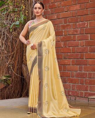 yellow color weaving border & embroidered work rangoli art silk blend saree 1
