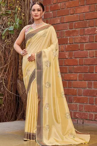 yellow color weaving border & embroidered work rangoli art silk saree