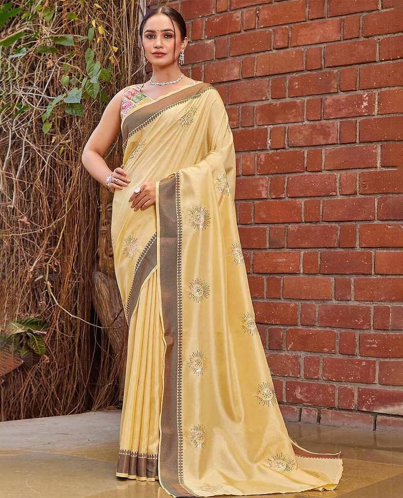 yellow color weaving border & embroidered work rangoli art silk saree
