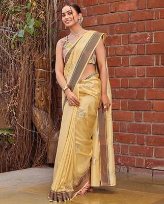 yellow color weaving border & embroidered work rangoli art silk blend saree 2