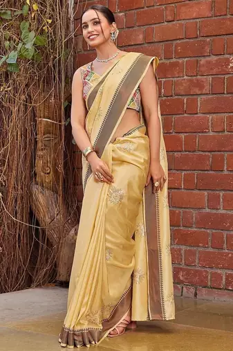 yellow color weaving border & embroidered work rangoli art silk blend saree