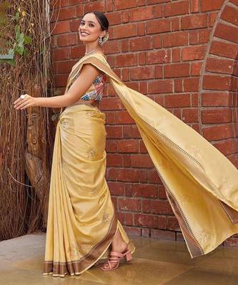 yellow color weaving border & embroidered work rangoli art silk blend saree 3